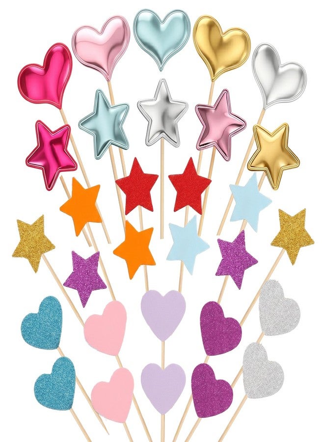 Skrfren 30 PCS Cupcake Toppers Glitter Star and Heart Cupcake Decorations Rainbow Cake Picks for Birthday Party Valentine Dessert Decor - Image 1