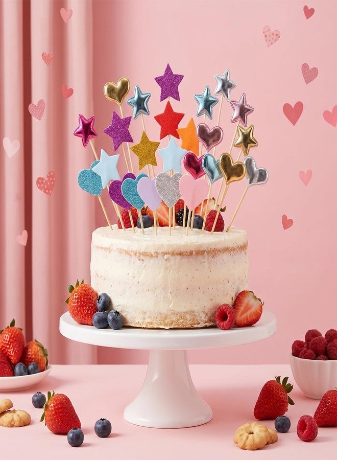 Skrfren 30 PCS Cupcake Toppers Glitter Star and Heart Cupcake Decorations Rainbow Cake Picks for Birthday Party Valentine Dessert Decor - Image 5
