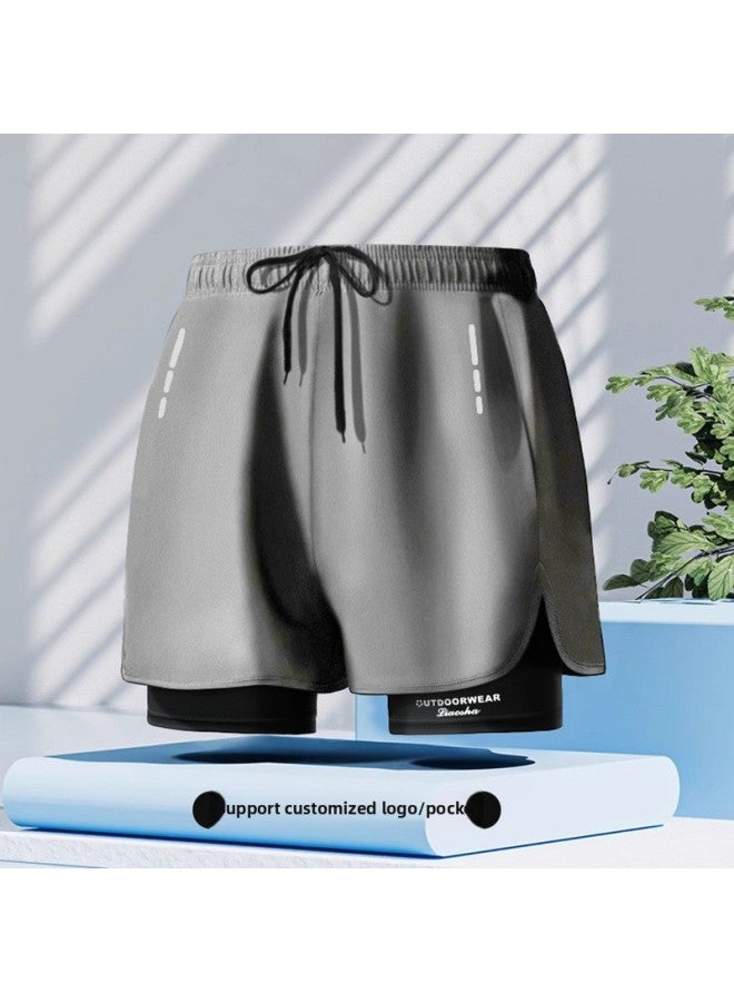 إسكدنيا انفجارات أوروبية وأمريكية شورت سباحة للرجال مضاد للإحراج يزيد من طبقة مزدوجة للجري واللياقة البدنية سريع الجفاف شورت سباحة Ding Zhi-اللون: رمادي فاتح- - Image 1