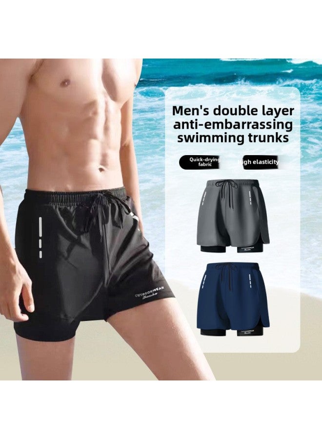 إسكدنيا انفجارات أوروبية وأمريكية شورت سباحة للرجال مضاد للإحراج يزيد من طبقة مزدوجة للجري واللياقة البدنية سريع الجفاف شورت سباحة Ding Zhi-اللون: رمادي فاتح- - Image 4