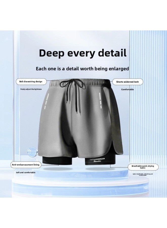 إسكدنيا انفجارات أوروبية وأمريكية شورت سباحة للرجال مضاد للإحراج يزيد من طبقة مزدوجة للجري واللياقة البدنية سريع الجفاف شورت سباحة Ding Zhi-اللون: رمادي فاتح- - Image 5