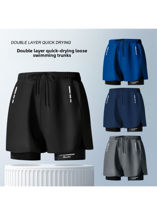 إسكدنيا انفجارات أوروبية وأمريكية شورت سباحة للرجال مضاد للإحراج يزيد من طبقة مزدوجة للجري واللياقة البدنية سريع الجفاف شورت سباحة Ding Zhi-اللون: رمادي فاتح- - Image 3