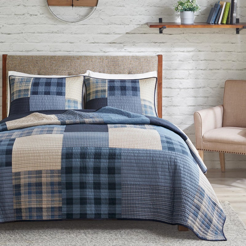 Woolrich John Rich & Bros. WOOLRICH Quilt Set Patchwork Channel Quilting, Cottage Coverlet for Twin Size Bed All Seasons, Lightweight Prewashed Cotton Coverlet Bedspread, Shams, Winter Hills,Oversized King/Cal King Blue 3 Piece - Image 1