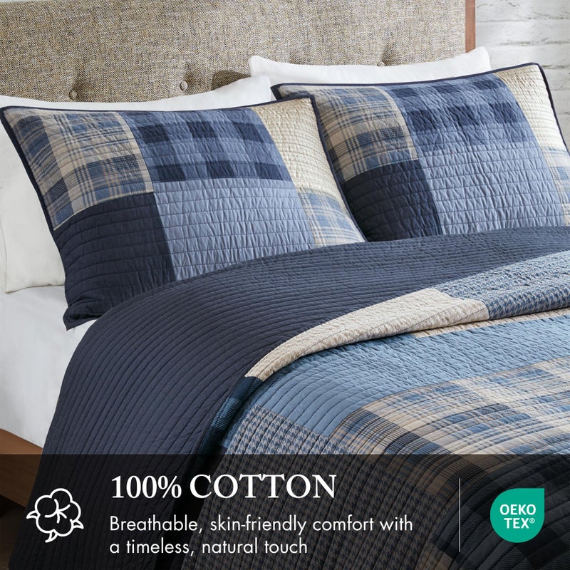Woolrich John Rich & Bros. WOOLRICH Quilt Set Patchwork Channel Quilting, Cottage Coverlet for Twin Size Bed All Seasons, Lightweight Prewashed Cotton Coverlet Bedspread, Shams, Winter Hills,Oversized King/Cal King Blue 3 Piece - Image 4