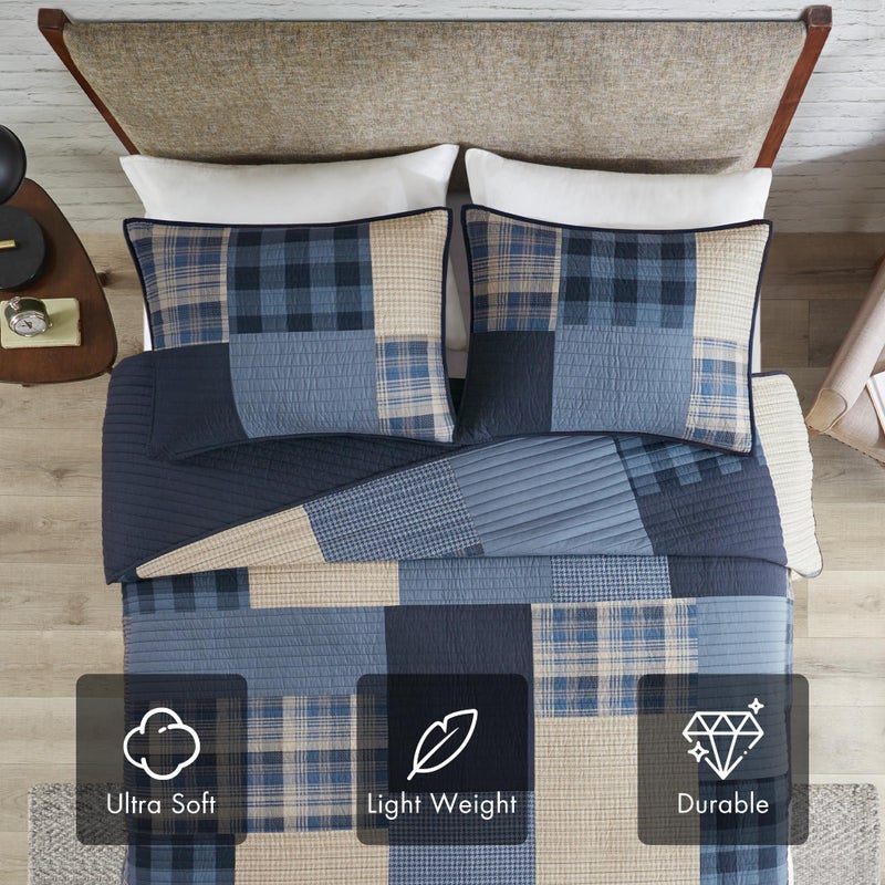 Woolrich John Rich & Bros. WOOLRICH Quilt Set Patchwork Channel Quilting, Cottage Coverlet for Twin Size Bed All Seasons, Lightweight Prewashed Cotton Coverlet Bedspread, Shams, Winter Hills,Oversized King/Cal King Blue 3 Piece - Image 3