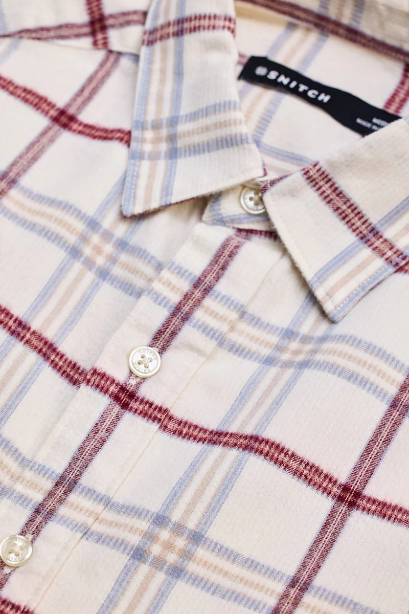 سنيتش Cream Checkered Long Sleeve Slim Fit Casual Shirt