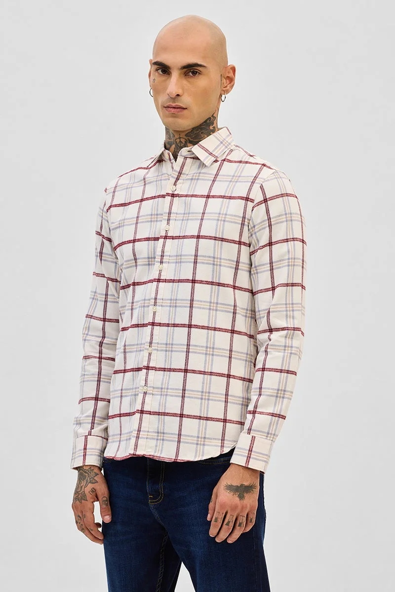 سنيتش Cream Checkered Long Sleeve Slim Fit Casual Shirt