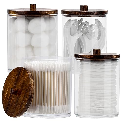Tbestmax 4 Pack Qtip Holder Dispenser Cotton Ball, Cotton Swab, Floss - 12oz, 10 oz Clear Plastic Apothecary Jars for Bathroom Organizer and Storage Containers (Brown Wood Lids) - Image 1