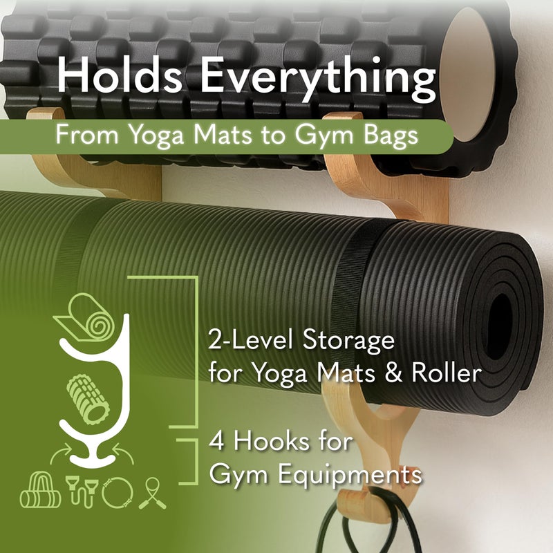 Tapeera Wooden Yoga Mat Holder Wall Mount - Yoga Mat Storage Rack - Home Gym Equipment Storage & Organizer - Resistance Band Wall Mount - Home Gym Accessories Wall Rack - Workout Storage Organizer - Image 2