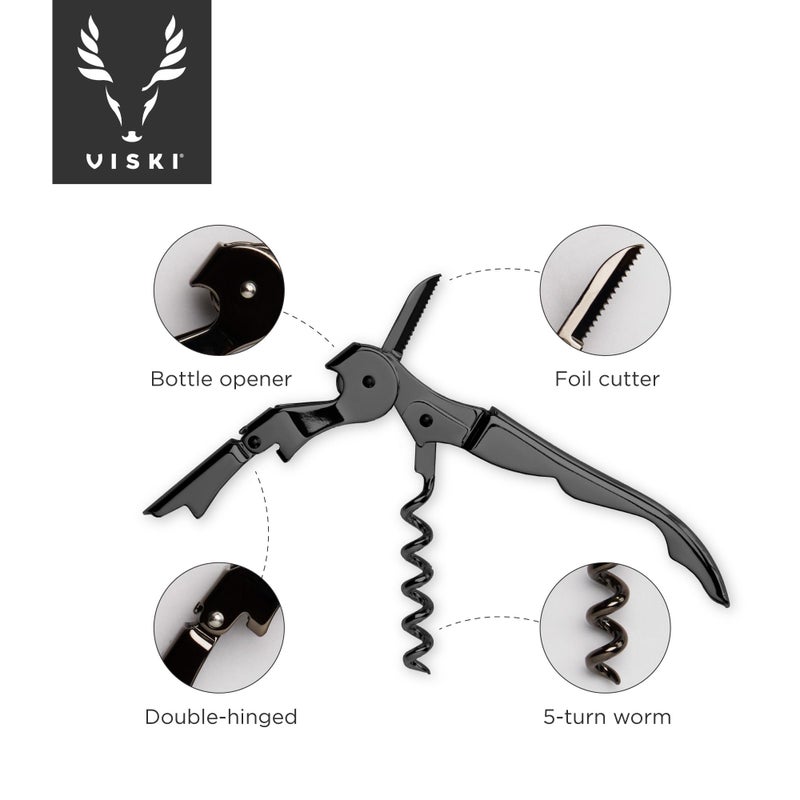 Viski Gunmetal Black Double Hinged Bottle Opener and Foil Cutter, Waiter’s Corkscrew Wine Key, 4.75", Set of 1 - Image 2