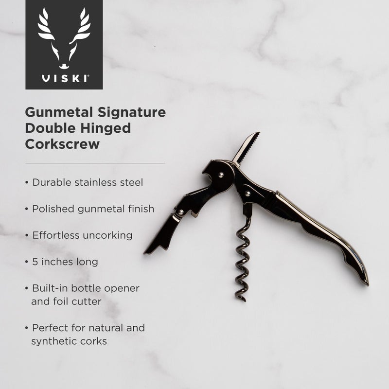 Viski Gunmetal Black Double Hinged Bottle Opener and Foil Cutter, Waiter’s Corkscrew Wine Key, 4.75", Set of 1 - Image 3