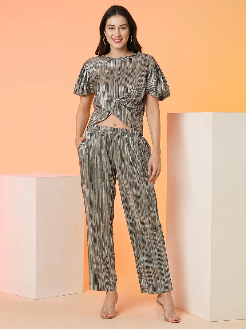 Globus Women Striped Party Top & Trouser Co-Ord Set