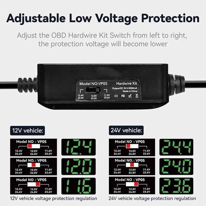 REDTIGER Dash Cam OBD Hardwire Kit Power Cable Type USB C Port,10FT 12V-24V to 5V,for Dash Camera, Low Voltage Protection - Image 4