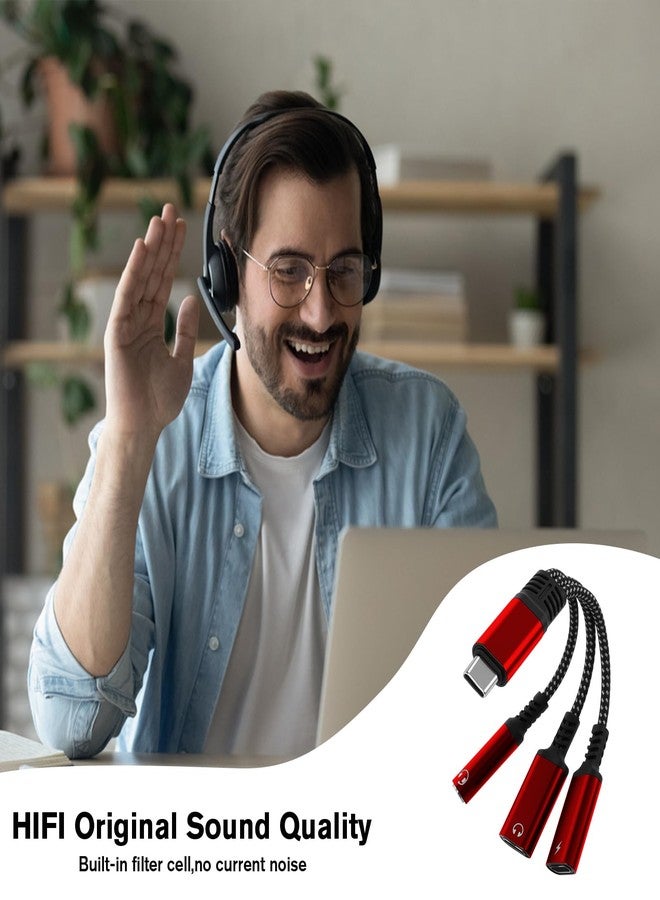 caojunzhen 1 in 3 USB C to Type-C Charging and Type-C Headphones Plus 3.5mm Headphones PD 60W Charging Adapter, Compatible with GalaxyS22, iPad Pro, Pixel, iPhone 16 15, etc.（red） - Image 4