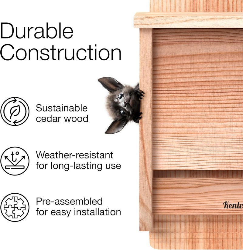 Kenley Bat House - Handcrafted Bat Box for Outside from Cedar Wood - Weatherproof Bat Houses for Outdoors - Bat Boxes Designed to Attract Bats - Easy for Bats to Land and Roost (Natural, One Chamber) - Image 4