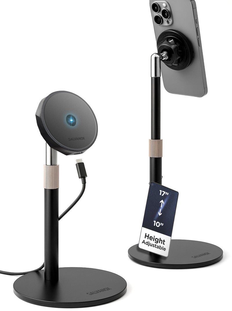 GALVANOX Magnetic Fast-Charging Desk Phone Stand (Adjustable Height) Compatible with MagSafe, Tall Wireless Charger, Heavy Metal Base (15W) Desktop iPhone Holder, Great for Office/Video Calls - Image 1