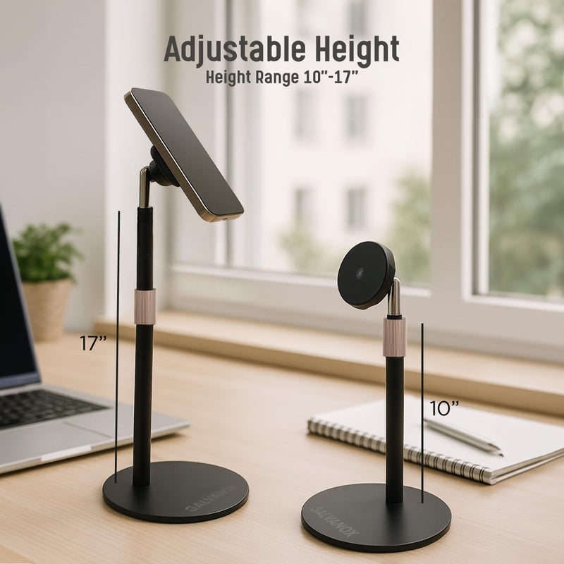GALVANOX Magnetic Fast-Charging Desk Phone Stand (Adjustable Height) Compatible with MagSafe, Tall Wireless Charger, Heavy Metal Base (15W) Desktop iPhone Holder, Great for Office/Video Calls - Image 4