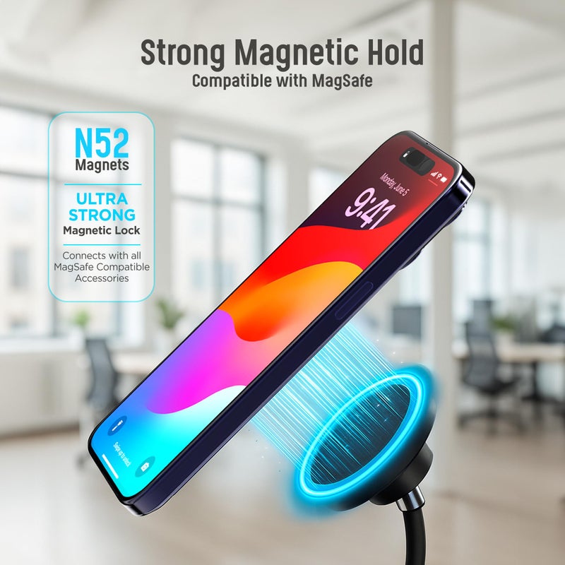 GALVANOX Magnetic Fast-Charging Desk Phone Stand (Adjustable Height) Compatible with MagSafe, Tall Wireless Charger, Heavy Metal Base (15W) Desktop iPhone Holder, Great for Office/Video Calls - Image 5