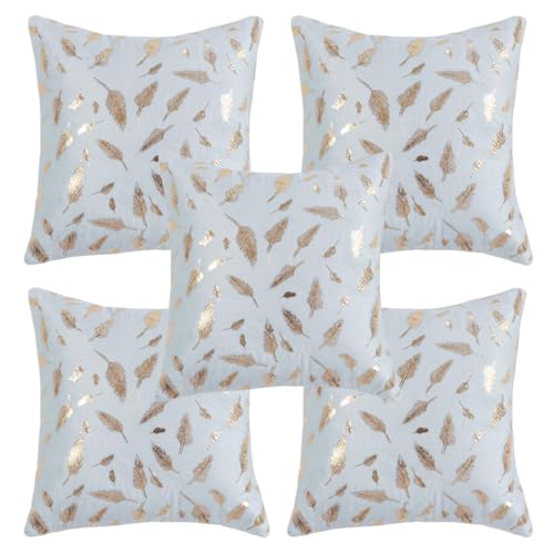 HOMECROWN 16x16 Inch Velvet Cushion Covers Set of 5 – Soft Velvet Fabric Decorative Pillow Covers with Golden Feather Print for Sofa, Couch, Bed & Living Room (White) - Image 4