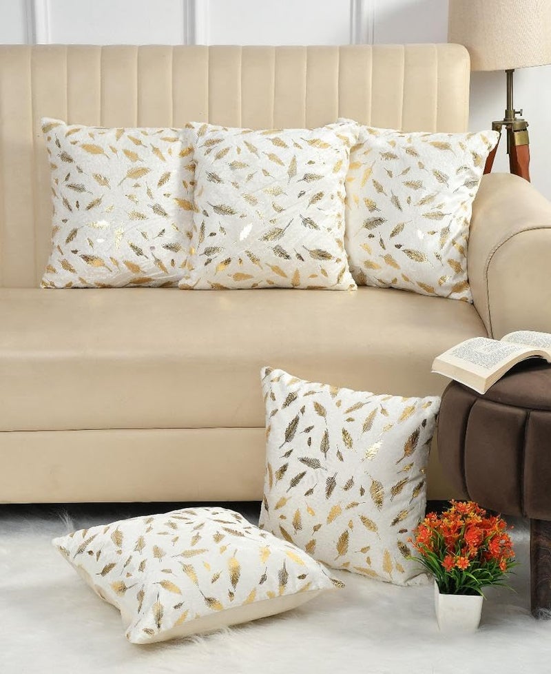 HOMECROWN 16x16 Inch Velvet Cushion Covers Set of 5 – Soft Velvet Fabric Decorative Pillow Covers with Golden Feather Print for Sofa, Couch, Bed & Living Room (White) - Image 1