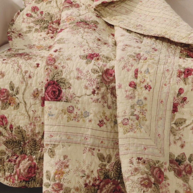 Greenland Home Antique Rose - Classic Traditional Floral - 100% Cotton Quilted Throw Blanket, 50 x 60 inches, Ecru - Image 2