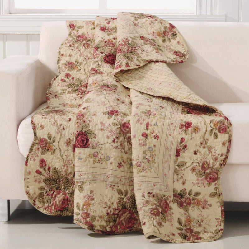 Greenland Home Antique Rose - Classic Traditional Floral - 100% Cotton Quilted Throw Blanket, 50 x 60 inches, Ecru - Image 3