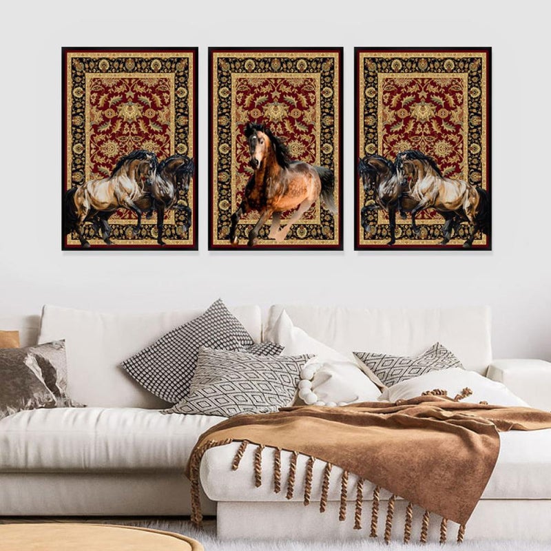 Marktna Three canvas paintings with a horse design and a hollow frame, measuring (150×70), three pieces - Image 2