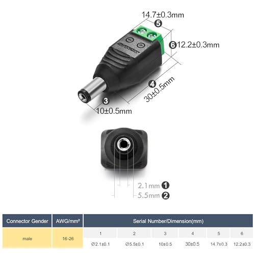 CHANZON (10 x Male DC Power Connector 5.5mm x 2.1mm 12V 24V Power Jack Socket for Led Strip CCTV Security Camera Cable Wire Ends 10Pcs Plug Adapter - Image 2