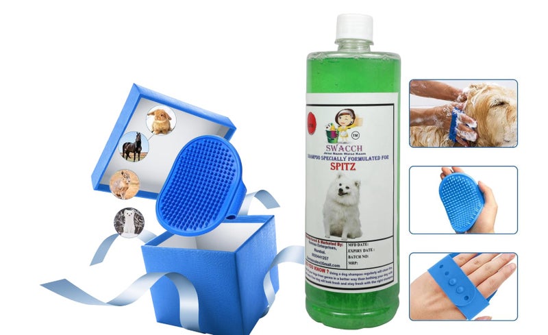 swacch Shampoo | Puppy Safe Shampoo | PH Balanced | Spitz Dog Shampoo 1 Litre Neem Alovera + | Rubber Bath Brush with Adjustable Straps | Pet Massage | Soothing Bristles Hand Brush I Combo Pack - Image 2