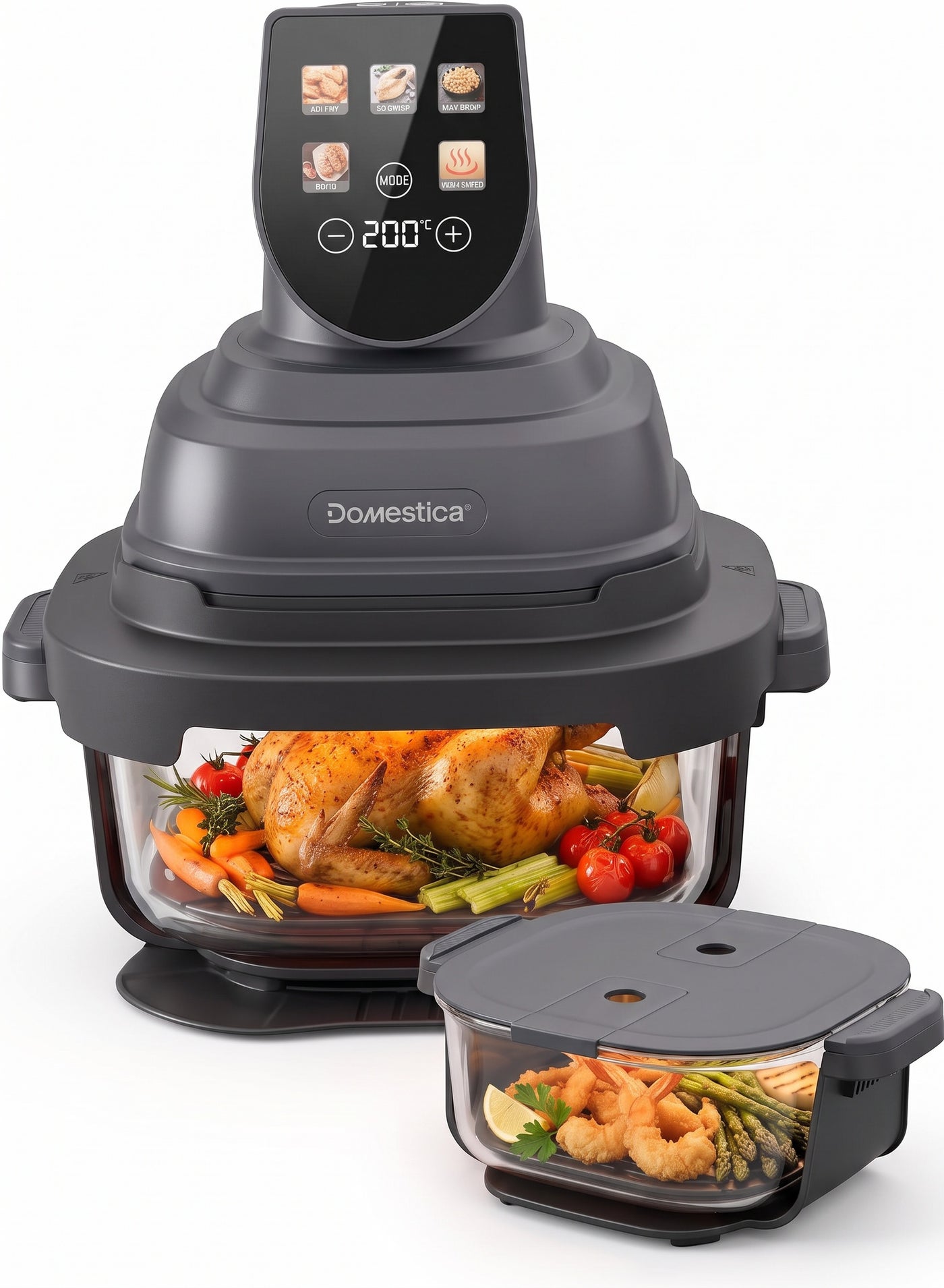 Domestica Aerion Glass Air Fryer Oven with 4L + 1.5L Dual Bowl | 1500W Pure Glass Air Fryer Cooking System | 5 in 1 Airfry, Bake, Recrisp, Keep Warm | Dishwasher Safe | Soft Touch Button Controls | To