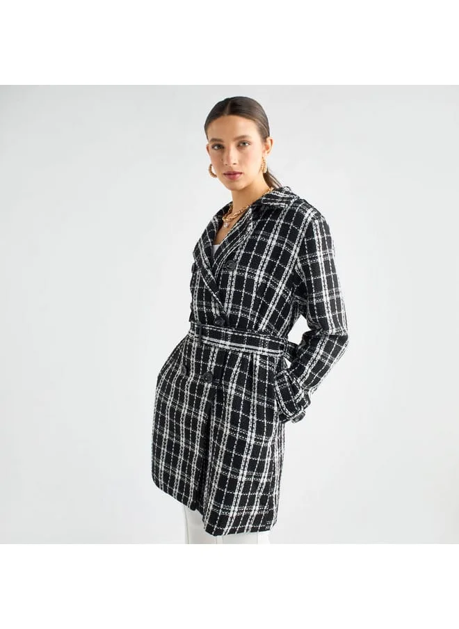 FAV Checked Trench Coat with Belt and Notch Lapel