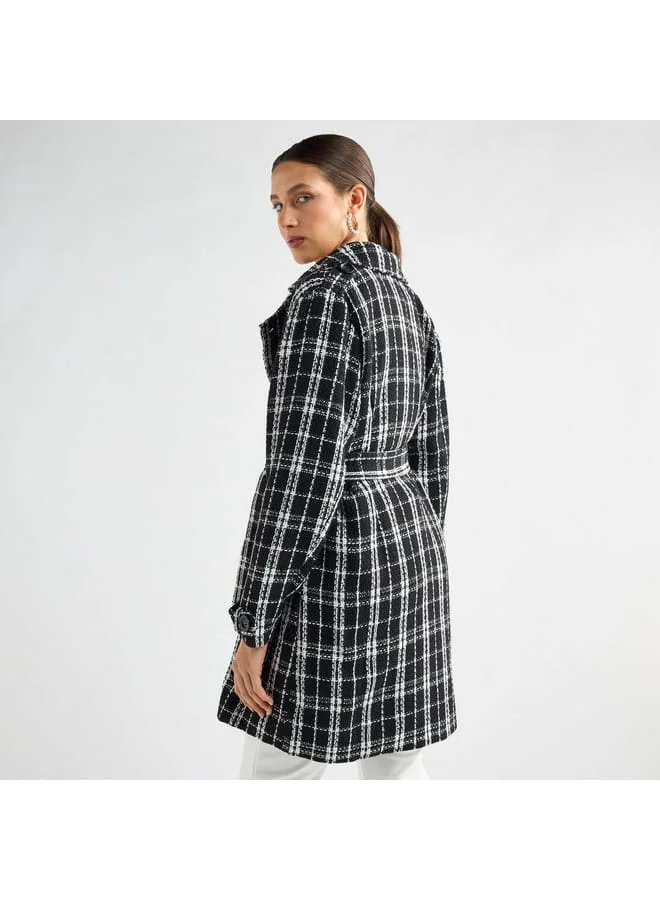 Splash FAV Checked Trench Coat with Belt and Notch Lapel