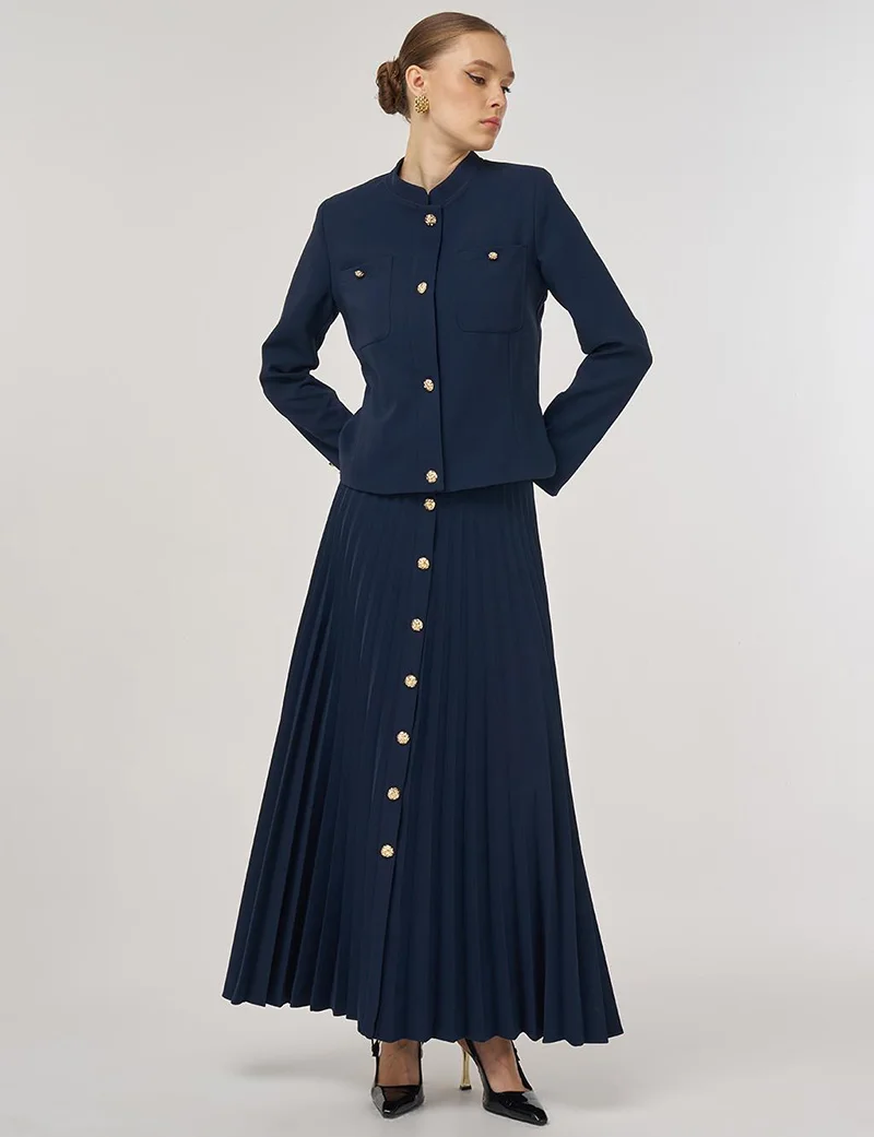 Kayra Gold-Button Skirted Set Dark Navy