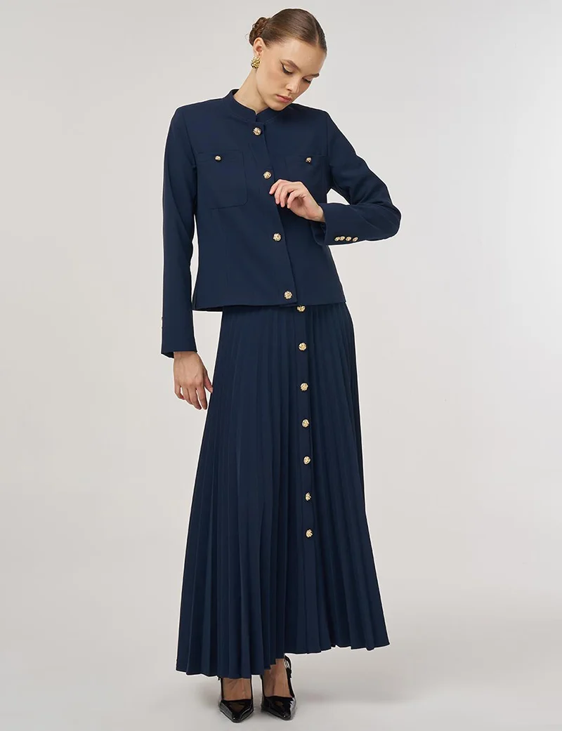 Kayra Gold-Button Skirted Set Dark Navy
