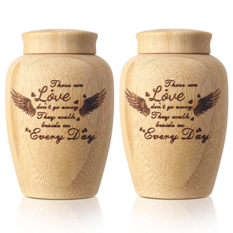 Tioncy 2 Sets Small Urns for Human Ashes 276 Inch Mini Bamboo Urn for Ashes Cremation Keepsake Memorial Human Pet Ashes Holder with Angel Wings Pattern Velvet Urn Bags for Women Men Pets Dog