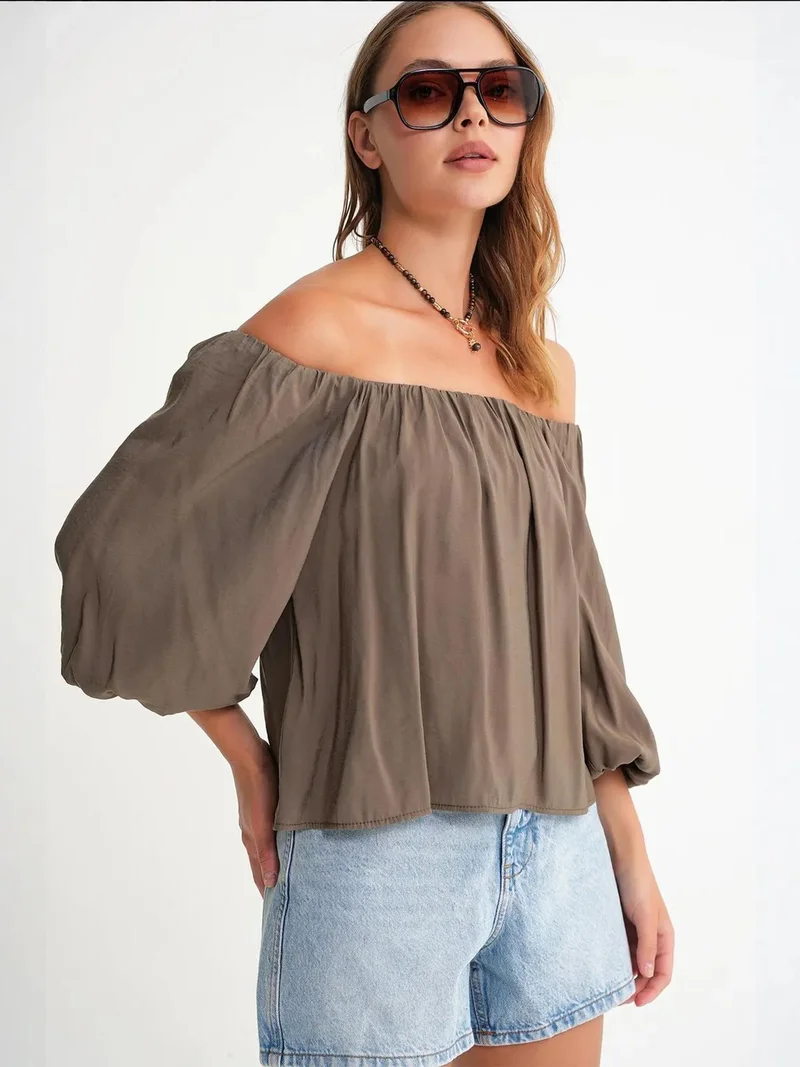 MixRay Khaki Green Mixray Modal Blended Blouse with Madonna Collar and Ruffle Detail for Women | Best Price UAE