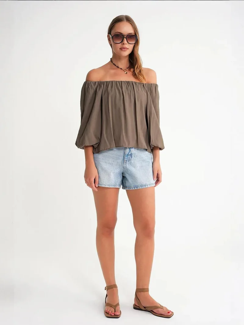 MixRay Khaki Green Mixray Modal Blended Blouse with Madonna Collar and Ruffle Detail for Women | Best Price UAE