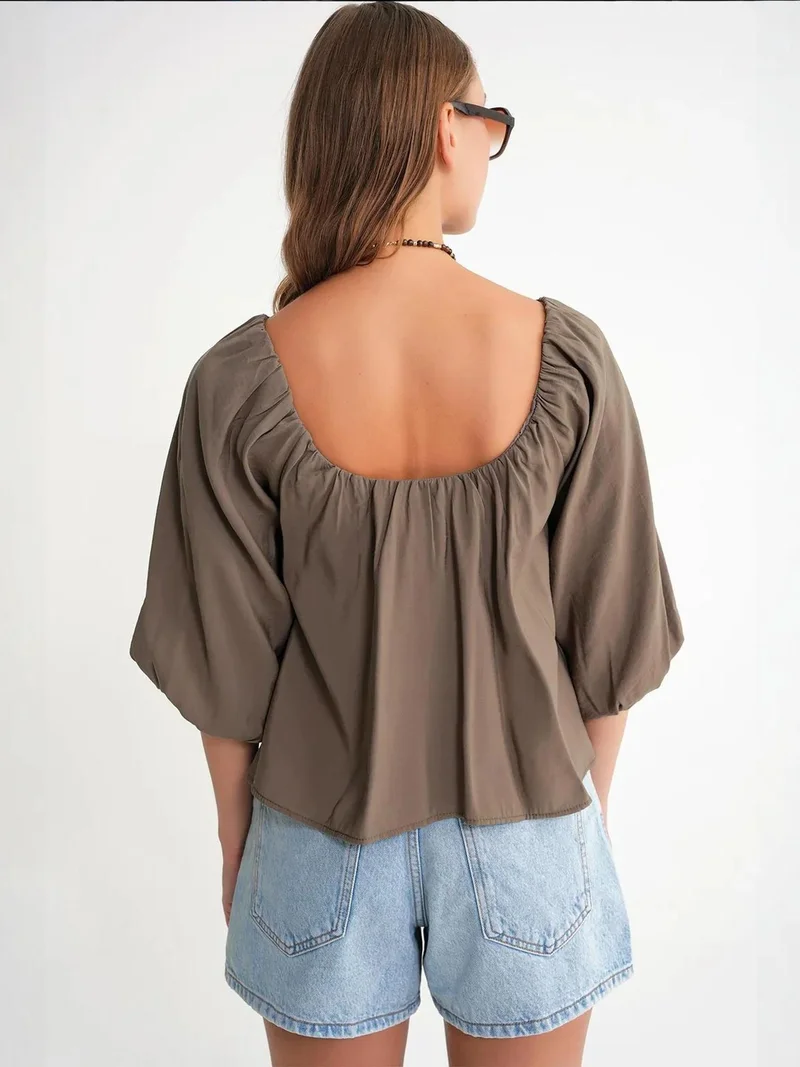 MixRay Khaki Green Mixray Modal Blended Blouse with Madonna Collar and Ruffle Detail for Women | Best Price UAE