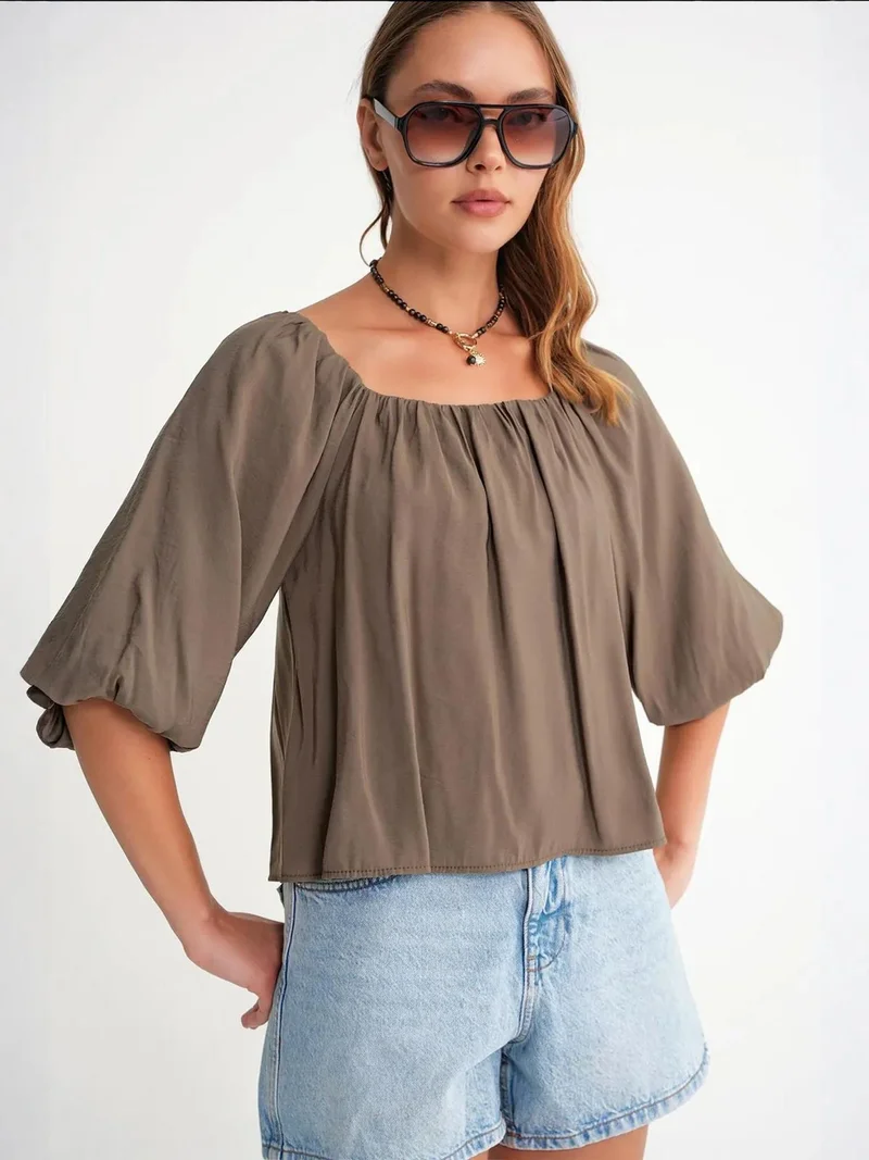 MixRay Khaki Green Mixray Modal Blended Blouse with Madonna Collar and Ruffle Detail for Women | Best Price UAE