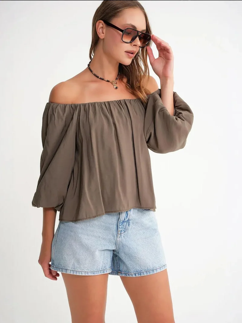 MixRay Khaki Green Mixray Modal Blended Blouse with Madonna Collar and Ruffle Detail for Women | Best Price UAE