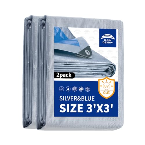 RAINDEWAY Small Tarps Waterproof 3x3 Feet（Pack of 2） 5.5 Mil Thick, Multipurpose Waterproof Poly Tarp Cover，Camping Tarpaulin Silver/Blue Tarp Finished Size - Image 1
