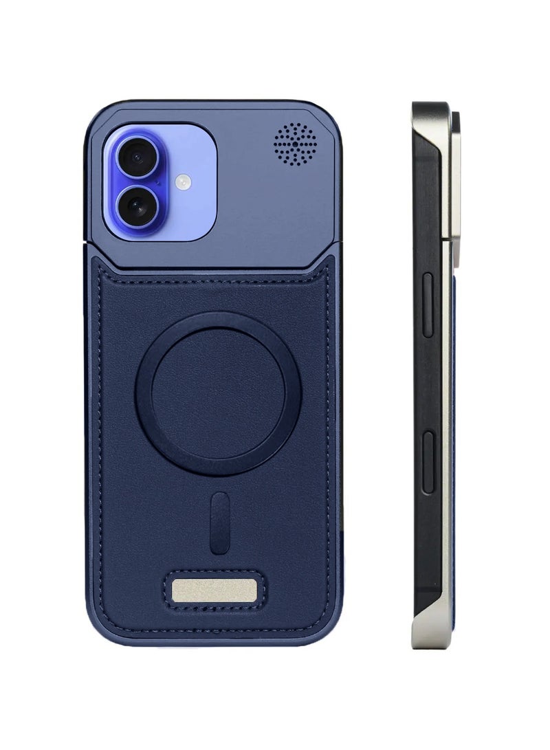 Wtech Apple iPhone 16 Plus 5G 2024 Metal Frameless Case Metallic Vegan Leather Magsafe Support Hard Case Cover (MCMPMN) - Navy Blue - Image 2