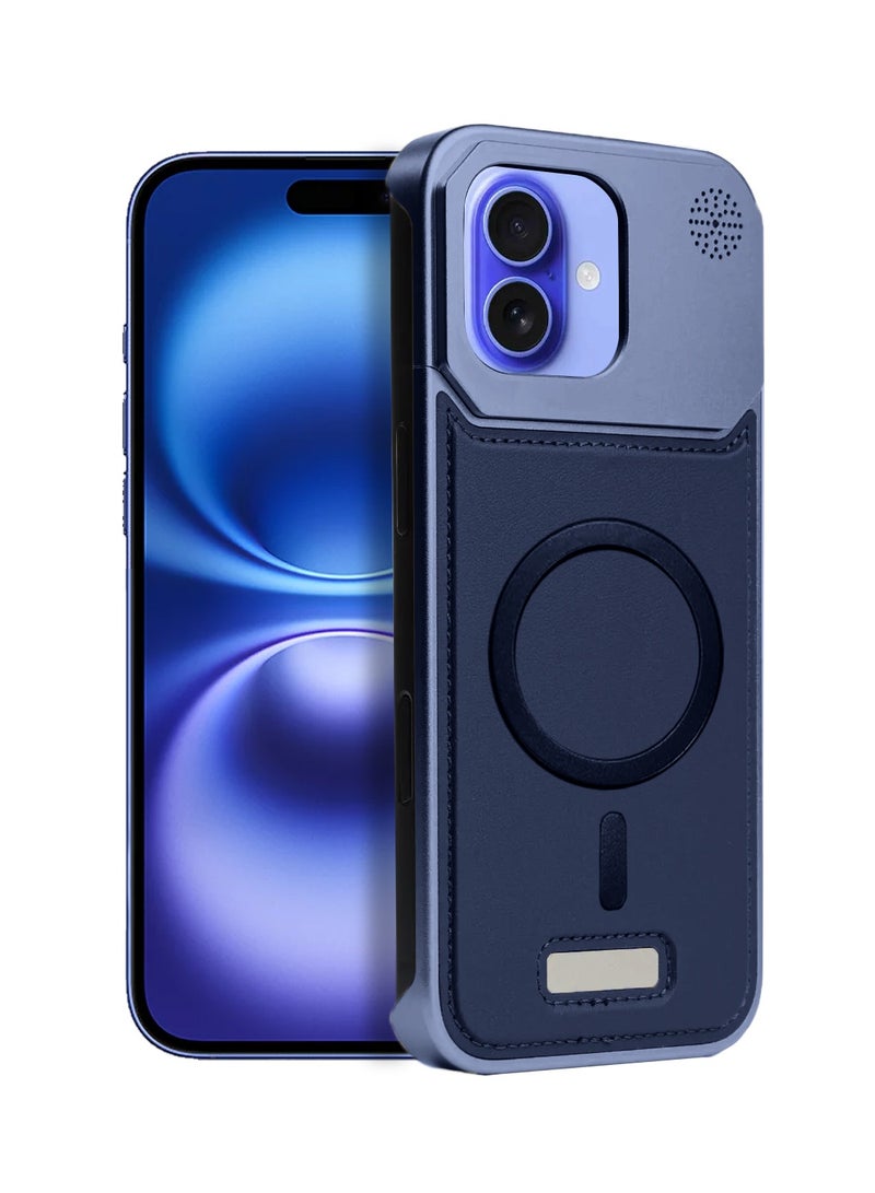 Wtech Apple iPhone 16 Plus 5G 2024 Metal Frameless Case Metallic Vegan Leather Magsafe Support Hard Case Cover (MCMPMN) - Navy Blue - Image 1