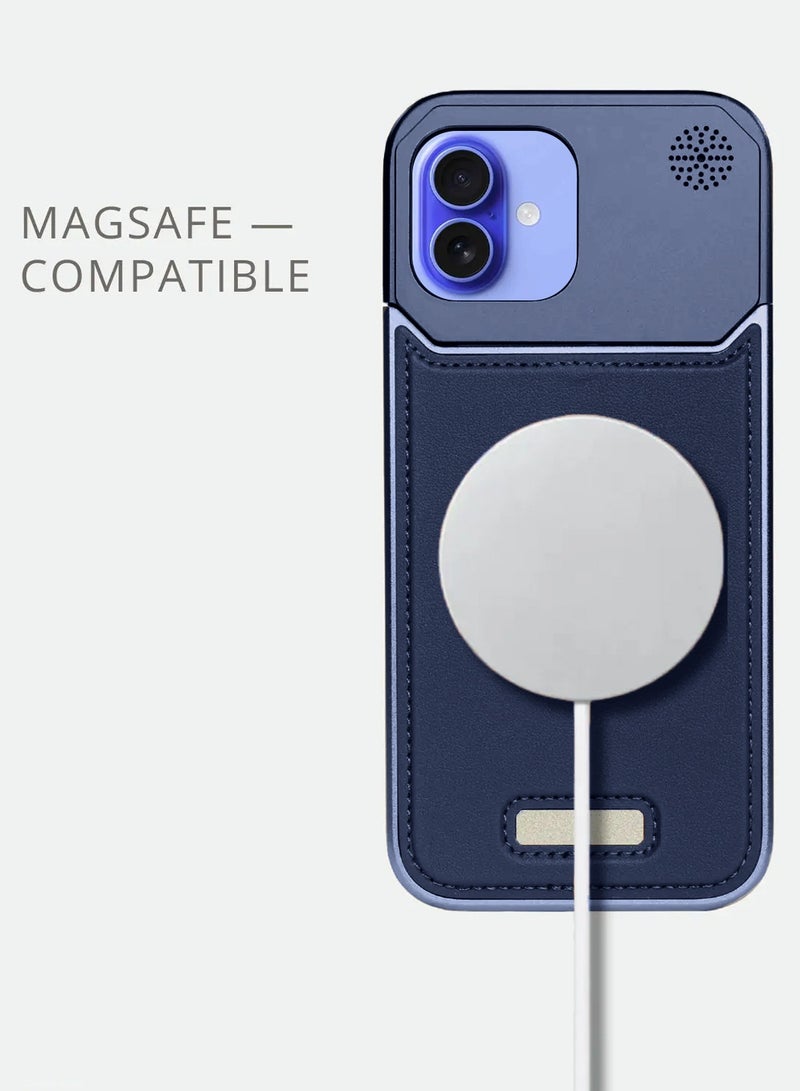 Wtech Apple iPhone 16 Plus 5G 2024 Metal Frameless Case Metallic Vegan Leather Magsafe Support Hard Case Cover (MCMPMN) - Navy Blue - Image 4