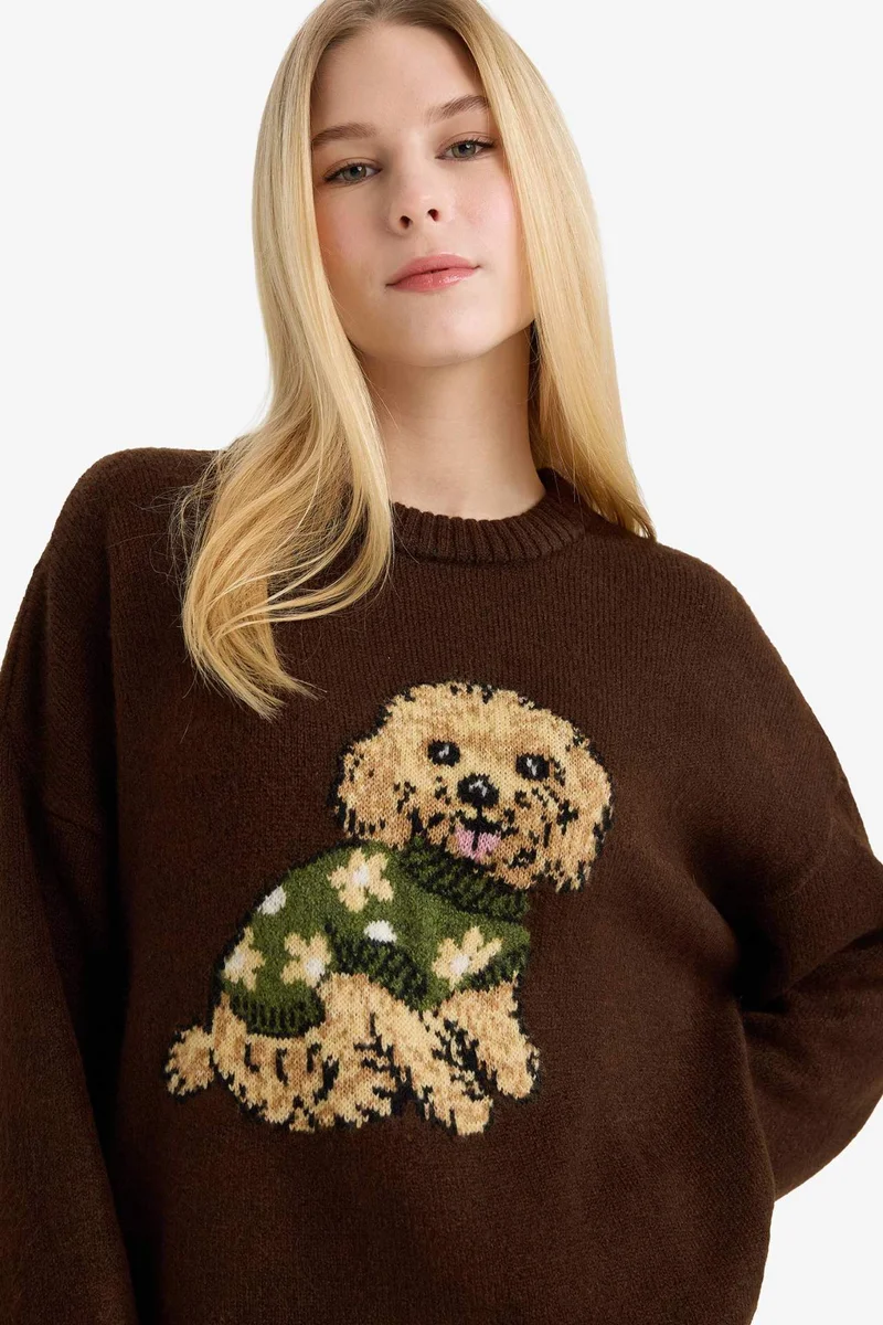 Regular Fit Crew Neck Dog Prit Knitwear Pullover