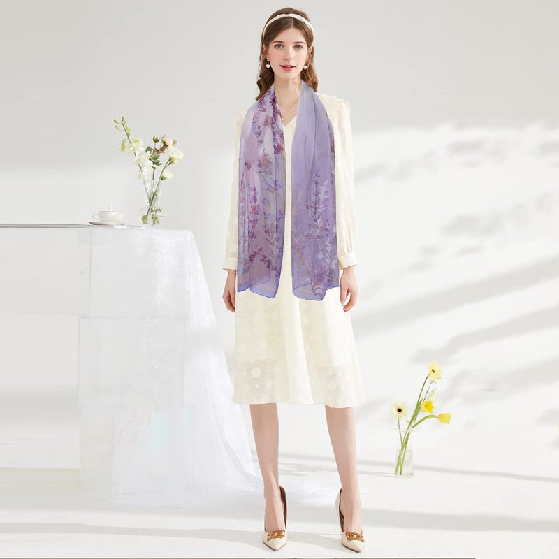 E-Clover Women's Floral Scarves: Flowers Printed Scarf Sheer Chiffon Shawl for Summer Fall Purple Floral Lavender - Image 5