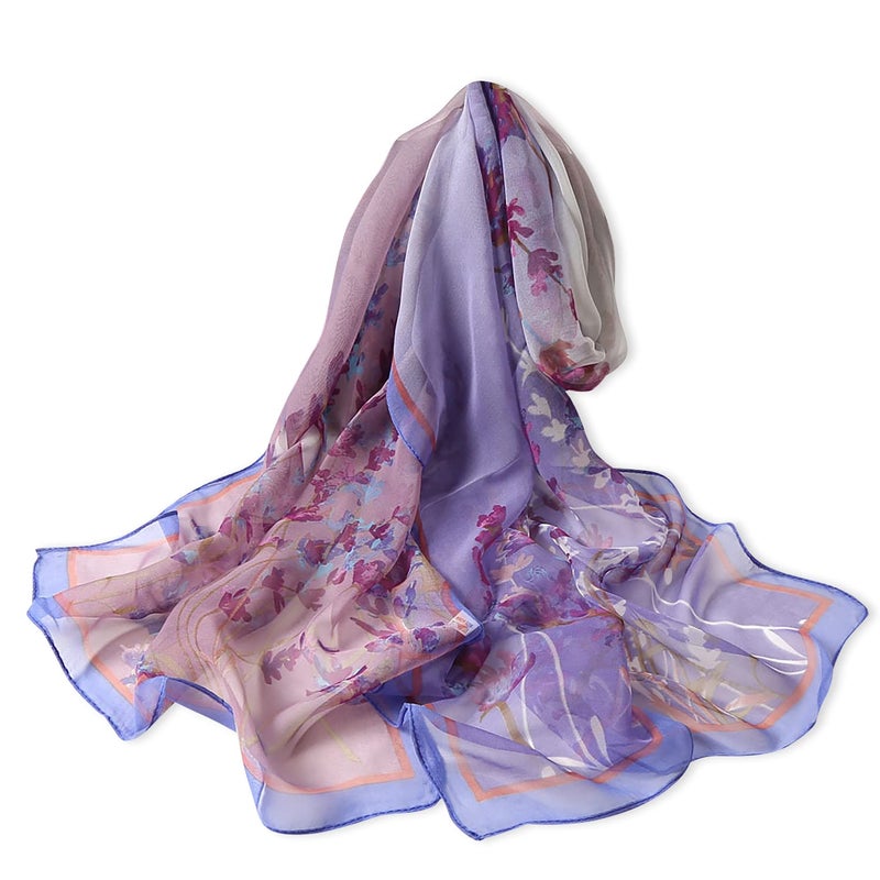 E-Clover Women's Floral Scarves: Flowers Printed Scarf Sheer Chiffon Shawl for Summer Fall Purple Floral Lavender - Image 2