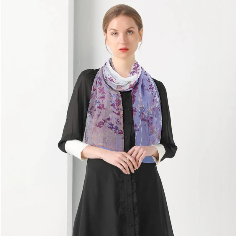 E-Clover Women's Floral Scarves: Flowers Printed Scarf Sheer Chiffon Shawl for Summer Fall Purple Floral Lavender - Image 3