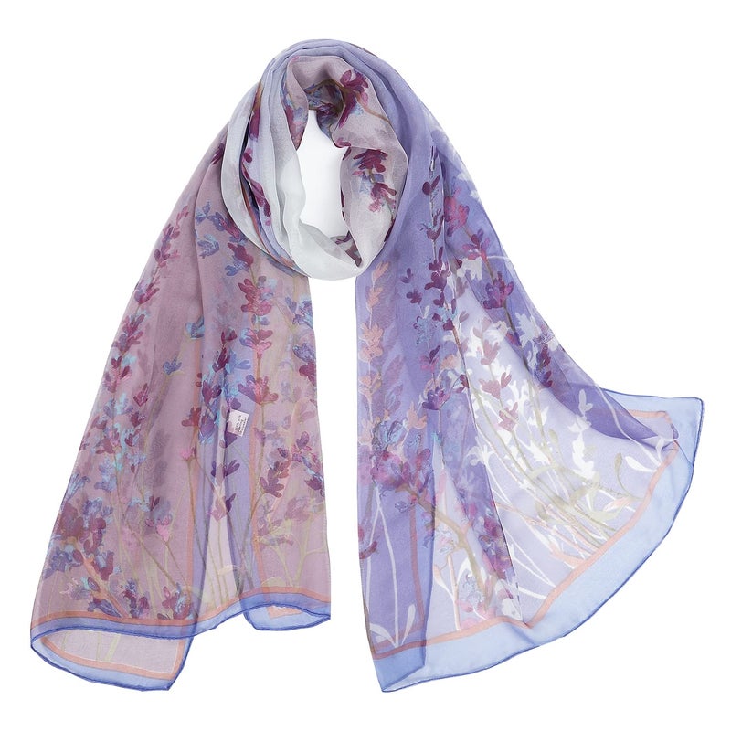 E-Clover Women's Floral Scarves: Flowers Printed Scarf Sheer Chiffon Shawl for Summer Fall Purple Floral Lavender - Image 1
