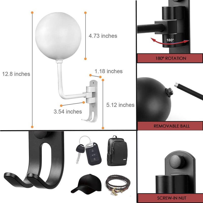 Generic SNAGMO White 180° Motorcycle Helmet Rack, Rotation Metal Wall Mount Holder With 2 Hooks for Bike Coats, Caps, Baseballs, Rugby (2 Pcs)  - Image 2